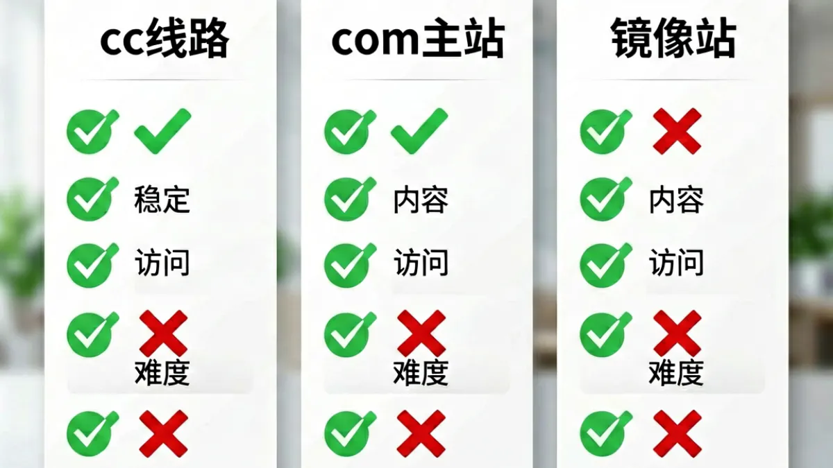 三种8x8x访问入口对比示意图：cc线路、com主站和镜像站，分别标注各自的优劣势