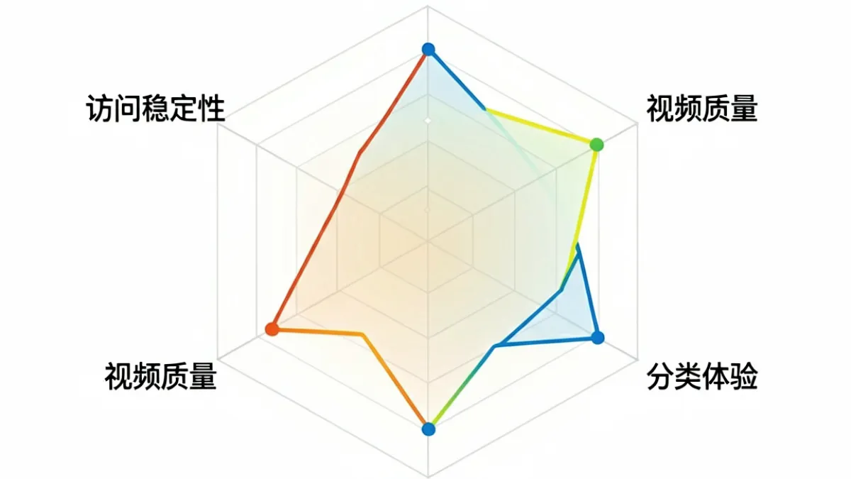 雷达图展示8x8x在六大对比维度（内容量、速度、稳定性、质量、分类、移动端）的综合得分分布