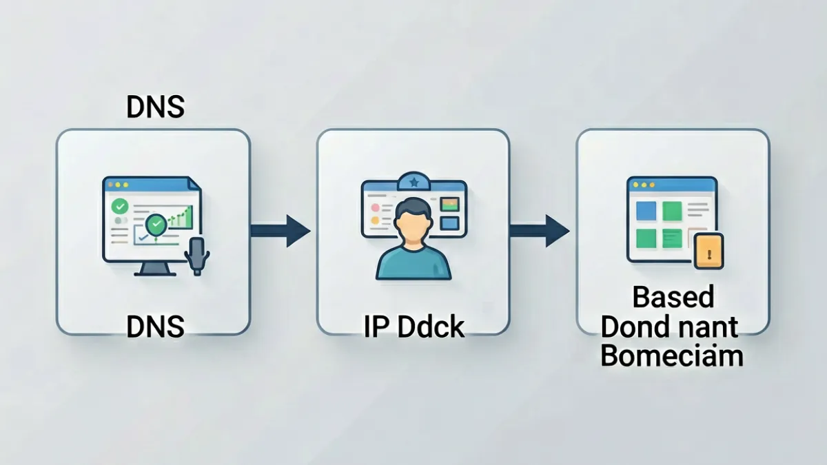 8x8x域名切换机制示意图，展示DNS污染、IP封锁到备用域名切换的三阶段流程